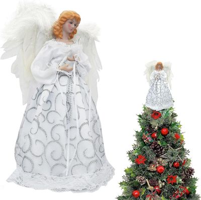 Tree Topper Angel valoilla, 3D Led Angel Tree Topper, seisova valkoinen enkeli joulukuusen latva tai pöytälevy, joululomakoristeeksi tai ind 01