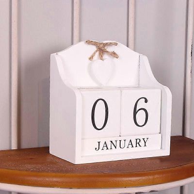 Valkoinen, puinen kalenteri ikuinen kalenteri puupalikkakalenteri valokuvaus rekvisiitta toimisto koti työpöydän sisustus