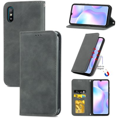 Gangxun Sag For Xiaomi Redmi 9a Magnetisk Lukning Læder Tegnebog Cover Housse Etui Shockproof - Grå