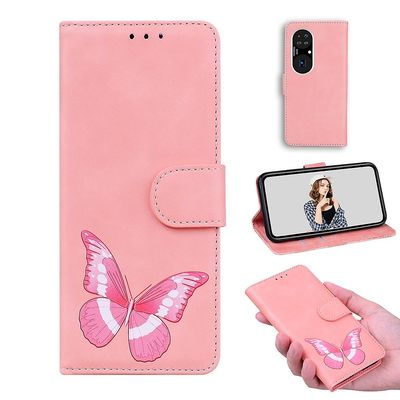 Etui til Huawei P50 Pro Butterfly Cover Premium Læder Magnetisk- Pink