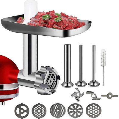 Metallinen ruokamyllyn kiinnitys Kitchenaid-jalustasekoittimeen, lihamyllytarvikkeet sisältävät makkaraa