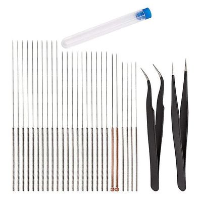 Phwj 28-delt dyserengjøringsnålsett 3d-skriverrengjøringstilbehør, inkludert 26 0,15 mm, 0,25 mm, 0,35 mm, 0,4 mm rengjøringsnåler, 2 sett med pinsett