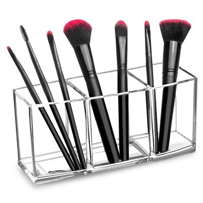 Linkrunning Klar makeupbørsteholder Organizer, 3 slot akryl kosmetikbørster opbevaringsløsning, pen og blyantholder Tydelig. 7.20inL*2.83inW*3.15inH