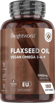 WeightWorld Pellavansiemenöljy Pehmeät Kapselit - 180 Vegaaniset Omega 3 6 9 Kapselit - Kylmäpuristettu kalaöljyvaihtoehto
