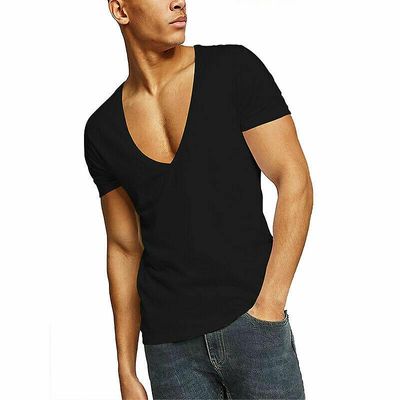 100% Bomuld Mænd Dyb V Kortærmet T Shirt Slim Fit Almindelig Muskel T-shirt sort L