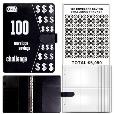 100 Envelope Challenge Binder, A5 Savings Binder med kontantkonvolutter, budget ringbind til planlægning og Sort