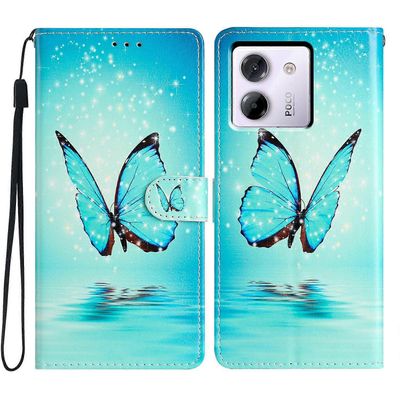 Xiaomi Poco M7 Pro 5G lompakkokotelo PU nahkakuviotulostusteline puhelimen kansi hihnalla Monivärinen Blue Butterfly