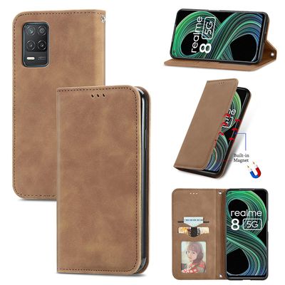 Gangxun Sag For Oppo Realme 8 Pro Magnetisk Lukning Læder Tegnebog Cover Housse Etui Shockproof - Marron