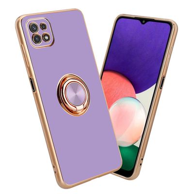 Samsung Galaxy A22 5G Hülle praktisk deksel TPU-deksel - med kamerabeskytter og ring Glanset lys lilla - gull