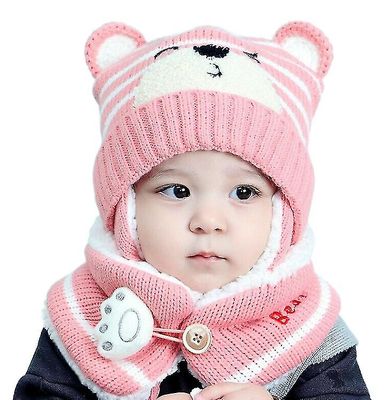 Baby Hat Bib Earmuff Sæt Bear Style Uld Strik Tørklæde Hat Winter Kids Hat Pink