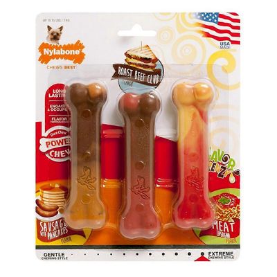 Nylabone Flavor Frenzy Power Chew Triple Pack, pannukakut ja makkara, paahtopaistiklubi ja lasagne, erittäin pieni/pienikokoinen jopa 15 paunaa. (3...