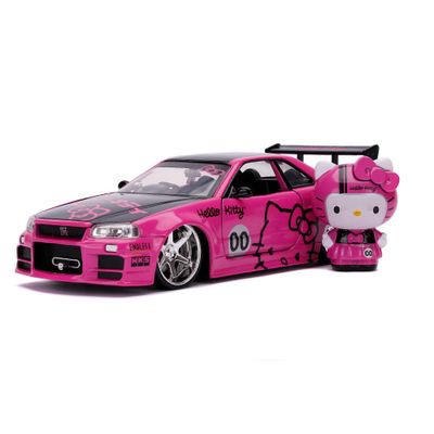 Toys 2002 GTR R34 Skyline Car Painevalettu avattavat ovet Tavaratilan konepelti sisältää Kitty Kuva 1:24 mittakaava vaaleanpunainen Kitty GTR