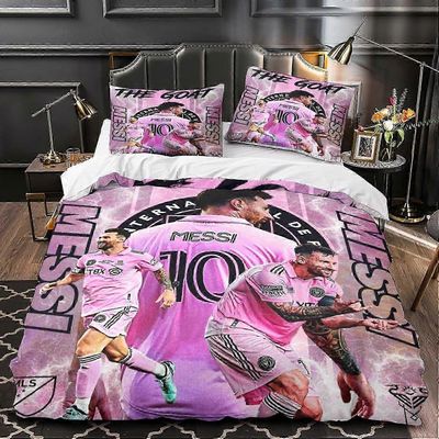 y1891 Lakanat 1Pussilakana Football Star Messi Print-kuvio Vaaleanpunainen pehmeä mikrokuituinen jalkapallo vuodevaatteet setti Peitto 2 tyynyliina...