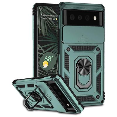 Gangxun Kotelo Google Pixel 6 5G -kameralevylle Kestävä 3 in 1 sotilasluokan suojakansi jalustarenkaalla Vihreä