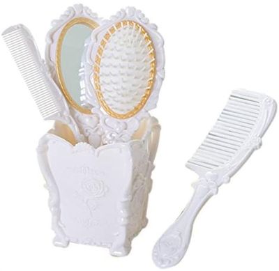 4 stykker Ladies Retro Comb Sæt med præget håndholdt spejl (hvid)