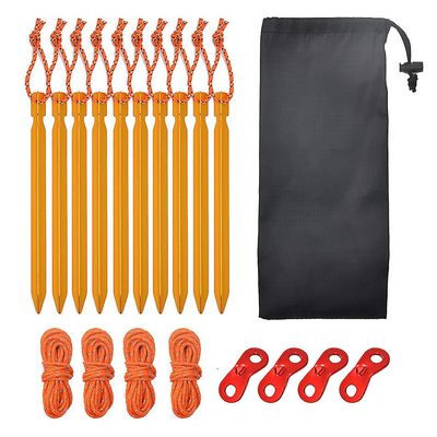 Aluminium Legering Telt Stakes Set, 10pcs 18cm Telt Spil med 4 stk Guy Line Rope, 4 stk Reb spænde og taske, Color Black guld