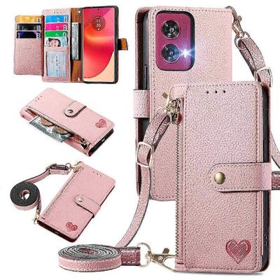 Foxdock Kääntökotelo Motorola Edge 50 Fusion -vetoketjulle iskunkestävä rakkausnahkakotelo lompakko Vaaleanpunainen