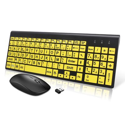 Trådløst tastatur med stor udskrivning (azerty fransk) og musesæt til seniorer og synshæmmede svagtseende personer-gul