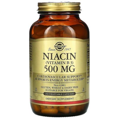 Solgar, B3-vitamiini (niasiini), 500 mg, 250 kasvikapselia