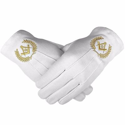 Bricks Masons Masonic bomuldhandsker med maskinbroderi firkantet kompas og g guld M