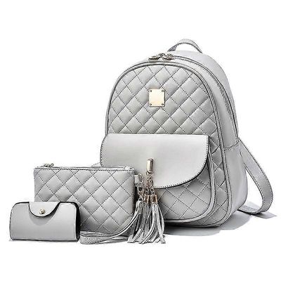 Reppu 3 kpl Tupsut Olkapäät Reppusetti naisille, PU Nahka Romboidit Reput Tyylikäs koulupäiväreppu (D-) vaalean harmaa