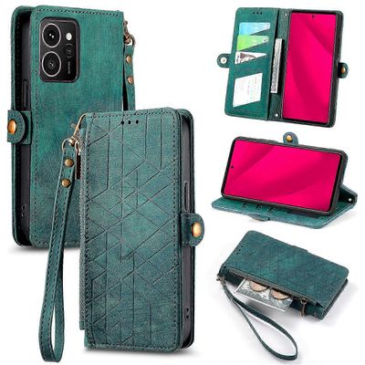 HMD Skyline vetoketjullinen lompakkokotelo geometrisilla linjoilla nahkainen puhelimen kuori Vihreä