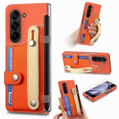 Yhteensopiva Samsung Galaxy Z Fold6 5G -kotelon kanssa Ranneke Jalusta Nahka + PC-puhelimen kansi näyttökalvolla Oranssi