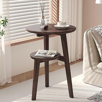 Massiivipuinen pyöreä sivupöytä kahdella avoimella hyllyllä - yöpöytä ja sohvapöytä makuuhuoneeseen, olohuoneeseen, työhuoneeseen, ruskea