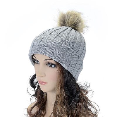 Varychmoo Kvinders strikkede Hue Faux Fur Pom Hatte Hæklet Bobble Vintervarmer Ski Caps Lys grå