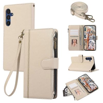 Yhteensopiva Samsung Galaxy S24 FE -kotelon kanssa Vetoketjullinen nahkainen puhelimen kansi olkahihnalla / rannehihnalla Beige