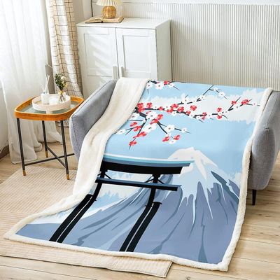 Kerota Japanilainen Ukiyoe Sherpa -huopa Kirsikankukat Fleece Throw Blanket lapsille Pojat Tytöt Fuji Mountain Pehmo Blanket Pehmeä mikrokuituinen ...