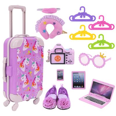 Doll Luggage Play Set for 18 Inch American Girl Dolls med søte trykte klær og tilbehør