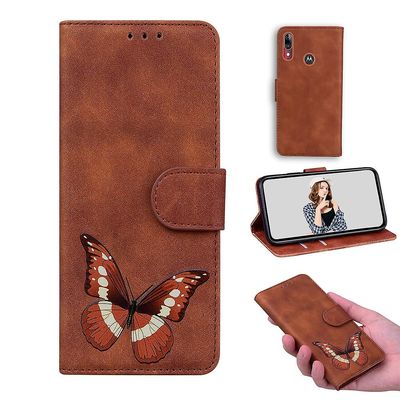Etui til Motorola Moto E6 Plus Butterfly Cover Premium Læder Magnetisk- Pink Brown