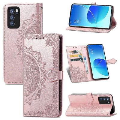 sak for oppo reno6 pro 5g tilfelle skinn lommebok deksel preg mandala magnetisk flip beskyttelse støtsikker - rose gull Rosa A