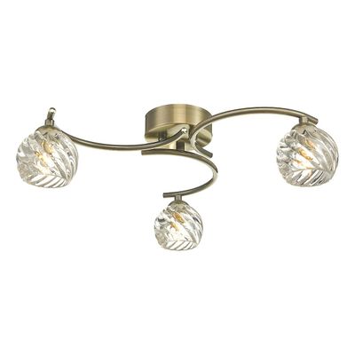 Dar Lighting Nakita Semi Flush Loft Light Light Antik messing med snoet åbent glas, 3x G9