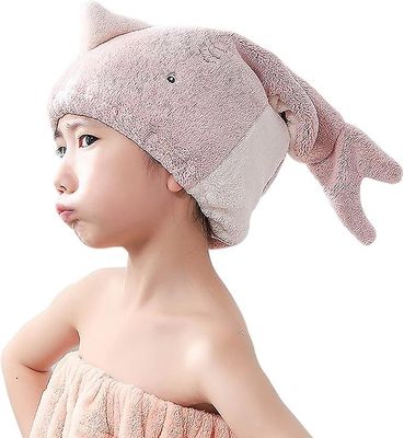 Xymcv Barnas Shark Mikrofiber Hårtørkepose Håndklehette (rosa), Morsom Og Søt Tegneserie Shark Superabsorberende Coral Fløyelshår Hurtigtørkende hå...