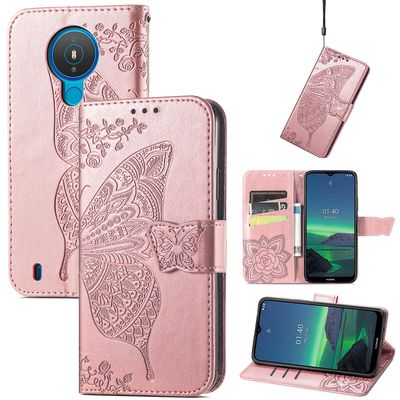 Gangxun Kompatibel med Nokia 1.4 Case Flip Cover Emboss Butterfly Soft Tpu Stødsikker Shell Slim - Rose Gold