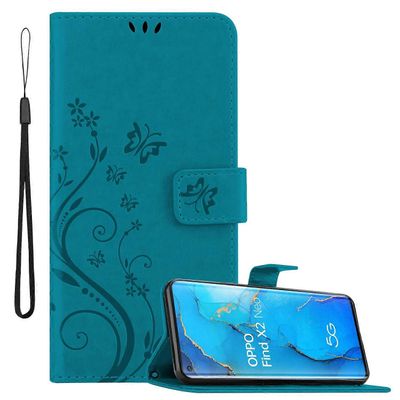 Oppo FIND X2 NEO -suojakotelo - kukkaprintillä ja korttipaikalla KUKKA SININEN