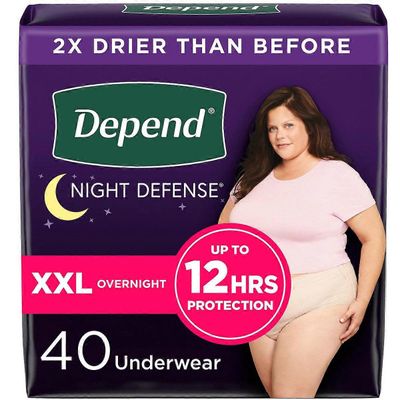 Depend Night Defense Aikuisten Inkontinenssialusvaatteet Naisille, Yön yli imukyky - Xxl - Poskipuna - 40ct