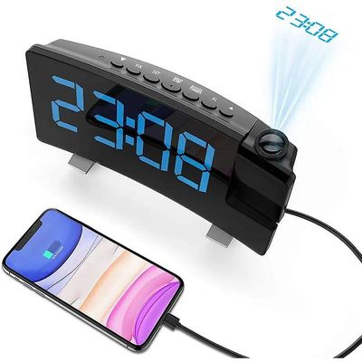 Projeksjon vekkerklokke, digital vekkerklokke med projeksjon, klokkeradio med USB-port, dobbel alarm