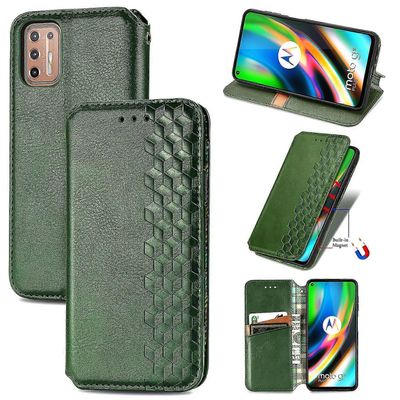 Yhteensopiva Motorola Moto G9 Plus Flip Case Etui Vintage Lompakon kääntökansi magneettisella sulkimella Coque - Sininen vihreä