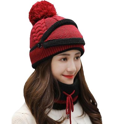 Besser Winter Lady 3pcs Strik Pom Hat Tørklæde Ansigtsmaske Sæt Vin rød
