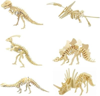 Leke 3d tre dinosaur puslespill - 6 stykke sett tre dinosaur skjelett modell puslespill - diy tre håndverk 3d puslespill - stem leker gaver til bar...