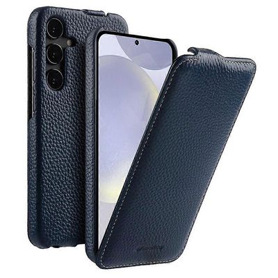 MELKCO Samsung Galaxy S25+ -kotelo, pystysuora läppä, aitoa naudannahkaa + PC-iskunkestävä puhelimen suojakuori - Monivärinen Dark Blue