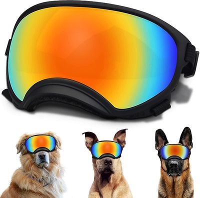 Hundebriller Hund UV-beskyttelse Solbriller med justerbare stroppehunder Vindtett anti-tåke utendørs kjæledyrbriller Svart ramme x rødt glass