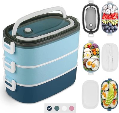 Adult Bento Box Matboks Stor, 3 Layer Bento Lunch Box beholdere med spisepinner skillevegger, lekkasjesikker miljøvennlig Bento boks for voksne kvi...
