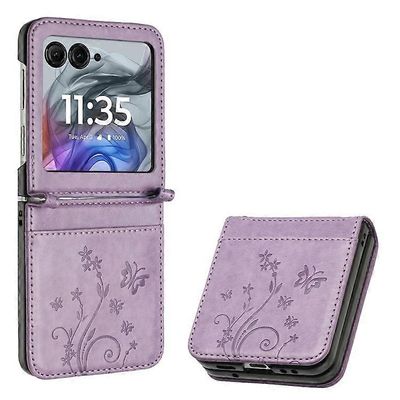 Yhteensopiva Motorola Razr 60 / 50 5G nahkakotelon kanssa perhonen kukka painettu puhelimen kansi hihnalla Violetti