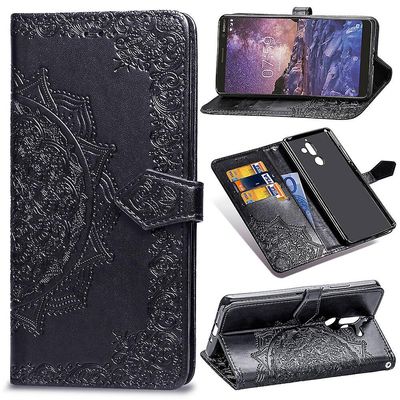 Etui til Nokia 7 Plus Cover Læder Tegnebog Cover Prægning Mandala Magnetic Flip Protection Stødsikker - Sort