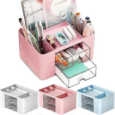 Pöydän järjestäjä, muovipöydän järjestäjä laatikolla, kynäpidike kynille, toimisto, koti, koulu Vaaleanpunainen