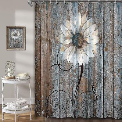 Rustikk Floral Baderom Dusjforheng Hvit Tusenfryd Butterfly Bath Curtain Vintage Blue Farmhouse Stoff Baderom Gardin Dekor